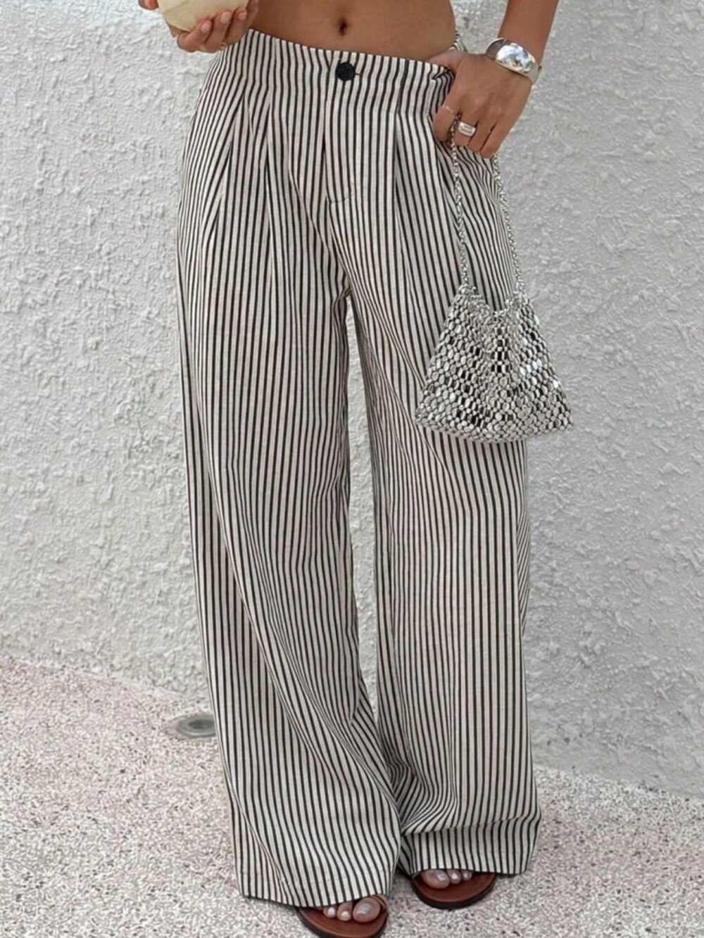 Black Casual Women's Striped Wide Leg Pants - Picture 6 of 9